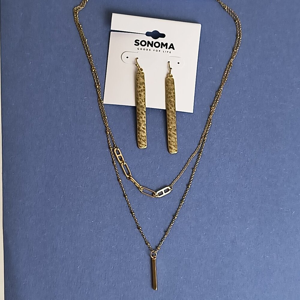 Old Gold Tone Bar Hammered Metal Set Dangle Earrings And Layered Necklace Chain
